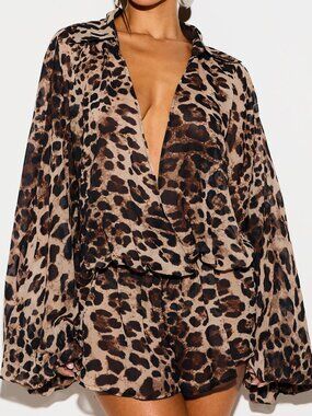 Brown Casual Women's Leopard Print Chiffon Romper Mini Short Hem